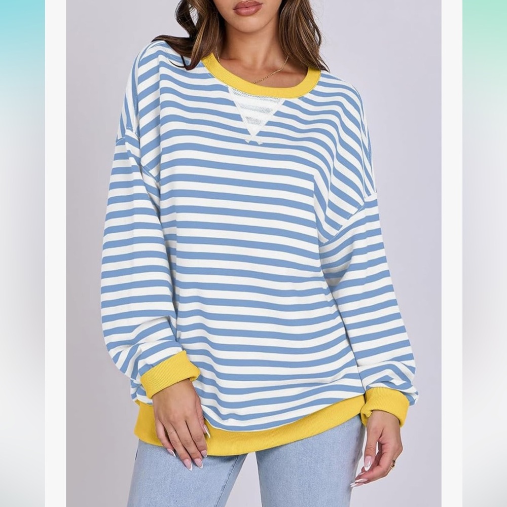 Striped Blue and White Sweater with Yellow Accents.
